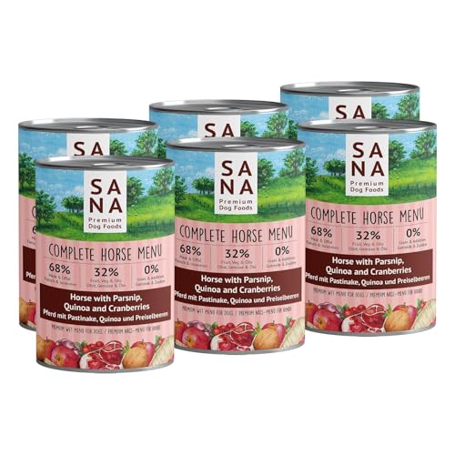 SANA Premium Dog Foods I Nass-Menüs I hoher Fleischanteil, getreidefrei I Verschiedene Sorten und Größen (12 x 400g Dosen, Pferd mit Pastinake, Quinoa und Preiselbeeren) von SANA Premium Dog Foods