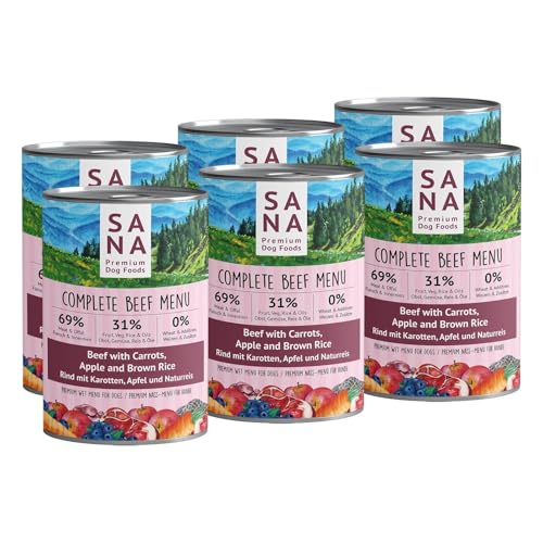 SANA Premium Dog Foods I Nass-Menüs I hoher Fleischanteil, getreidefrei I Verschiedene Sorten und Größen (12 x 400g Dosen, Rind mit Karotten, Apfel und Naturreis) von SANA Premium Dog Foods