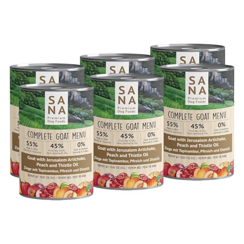 SANA Premium Dog Foods I Nass-Menüs I hoher Fleischanteil, getreidefrei I Verschiedene Sorten und Größen (12 x 400g Dosen, Ziege mit Topinambur, Pfirsich und Distelöl) von SANA Premium Dog Foods