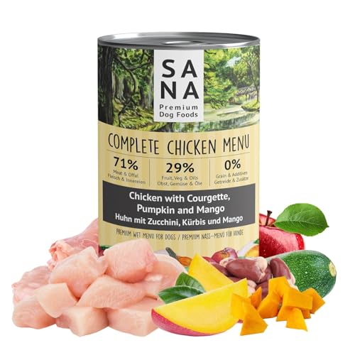 SANA Premium Dog Foods I Nass-Menüs I hoher Fleischanteil, getreidefrei I Verschiedene Sorten und Größen (12 x 800g Dosen, Huhn mit Zucchini, Kürbis und Mango) von SANA Premium Dog Foods