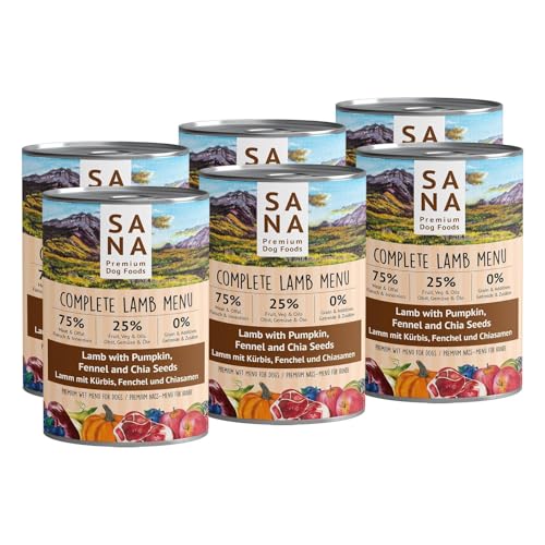 SANA Premium Dog Foods I Nass-Menüs I hoher Fleischanteil, getreidefrei I Verschiedene Sorten und Größen (12 x 800g Dosen, Lamm mit Kürbis, Fenchel und Chiasamen) von SANA Premium Dog Foods