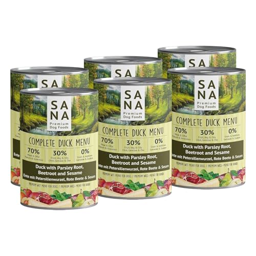 SANA Premium Dog Foods I Nass-Menüs I hoher Fleischanteil, getreidefrei I Verschiedene Sorten und Größen (6 x 400g Dosen, Ente mit Petersilienwurzel, Rote Beete & Sesam) von SANA Premium Dog Foods