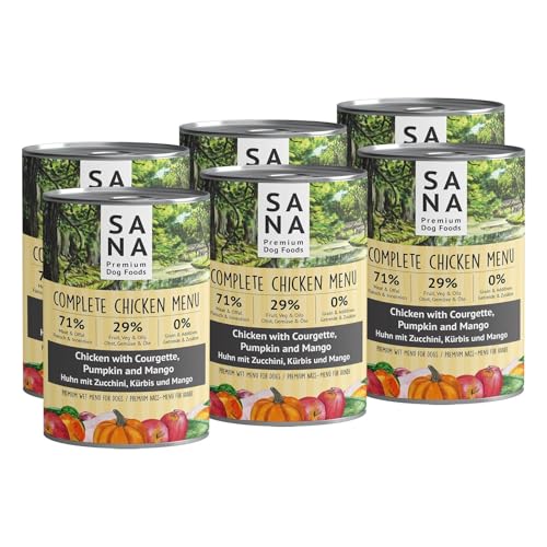 SANA Premium Dog Foods I Nass-Menüs I hoher Fleischanteil, getreidefrei I Verschiedene Sorten und Größen (6 x 400g Dosen, Huhn mit Zucchini, Kürbis und Mango) von SANA Premium Dog Foods