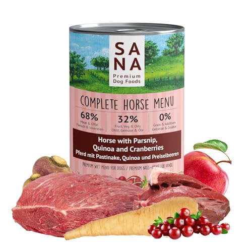 SANA Premium Dog Foods I Nass-Menüs I hoher Fleischanteil, getreidefrei I Verschiedene Sorten und Größen (6 x 400g Dosen, Pferd mit Pastinake, Quinoa und Preiselbeeren) von SANA Premium Dog Foods