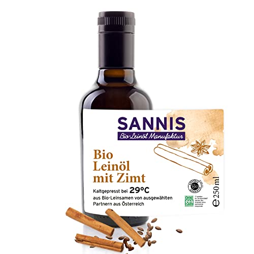 Sannis Bio-Leinöl mit Zimt 250 ml I Leinsamenöl aus kontrolliert biologischem Anbau I kaltgepresst & ungefiltert I reich an Omega-3-Fettsäuren I Leinöl ideal für Müsli, Quark & Joghurt von SANNIS Bio-Leinöl Manufaktur