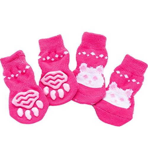 SANWOOD Haustiersocken für Hunde und Katzen, 4 Stück, Baumwolle, warm, rutschfest, Cartoon-Muster, Socken, Schuhe, Haustierzubehör – rosa Kaninchen S von SANWOOD