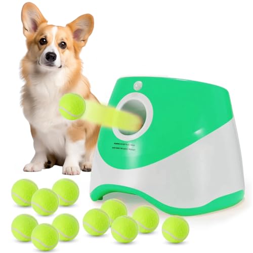 SARIEN Automaitc Hundeballwerfer – Apportiermaschine für kleine Hunde, 3 Startdistanzen, Ballwerfer für Hunde mit 12 Bällen, wiederaufladbarer Ballwerfer für Hunde (grüner Hundewerfer) von SARIEN