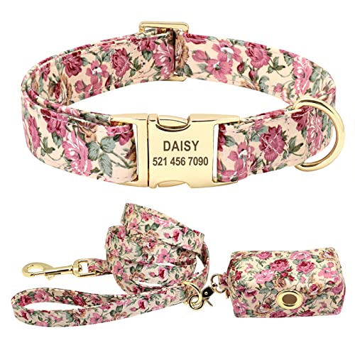 Blumen-Hundehalsband-Set,Individuell,Klein,Mittel,Groß,Hundehalsbänder,Blumendruck,Nylon-Hundehalsbänder Mit Leckerli-Tasche,Snack-Tasche,Beiges Set,S von SARUEI