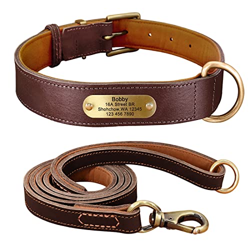 Hundehalsband Custom Leder Medium Large Hundehalsbänder Personalisierte Haustier-ID-Halsbänder Für Hunde Pitbull Gravieren Sie Den Namen,Braunes Set,2XL von SARUEI