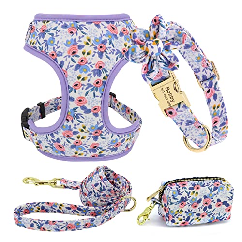 Personalisiertes Hundehalsband,Leinengeschirr,Hunde-ID-Halsbänder,Nylon,Haustierweste,Geschirr,Bleigürtel,Snack-Kotbeutel-Set,Blumenzubehör,Blau,M von SARUEI