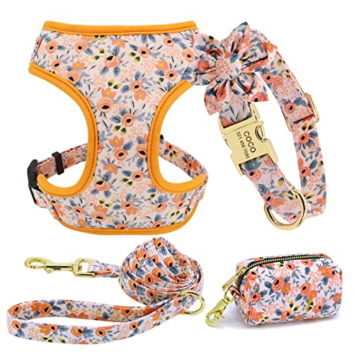 Personalisiertes Hundehalsband,Leinengeschirr,Hunde-ID-Halsbänder,Nylon,Haustierweste,Geschirr,Bleigürtel,Snack-Kotbeutel-Set,Blumenzubehör,Orange,S von SARUEI