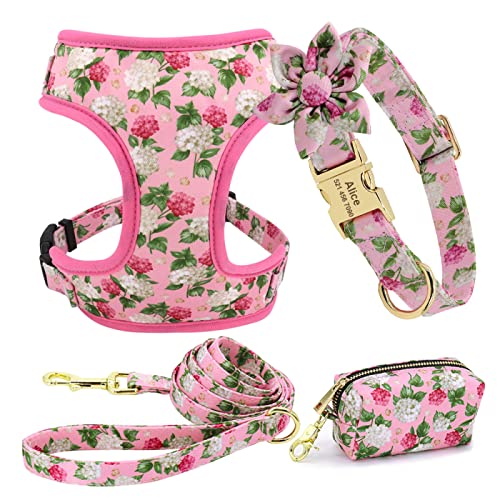 Personalisiertes Hundehalsband,Leinengeschirr,Hunde-ID-Halsbänder,Nylon,Haustierweste,Geschirr,Bleigürtel,Snack-Kotbeutel-Set,Blumenzubehör,Rosa,L von SARUEI