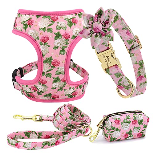 Personalisiertes Hundehalsband-Geschirr Für Hunde ID-Halsbänder Aus Nylon Für Haustiere,Weste,Geschirr,Bleigürtel,Snack-Kotbeutel-Set,Blumenzubehör,Rosa,S von SARUEI