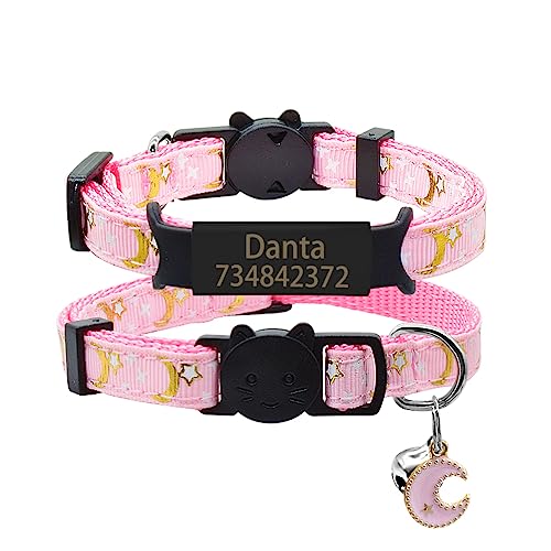 Anti-verlorenes Benutzerdefiniertes Typenschild Katzenhalsband Glocke Personalisiertes ID-Namensschild Sicherheitssterne Mond Katzenhalsband Halskette Haustier Kätzchen Katzenhalsband,Schwarz-R von SARUEL