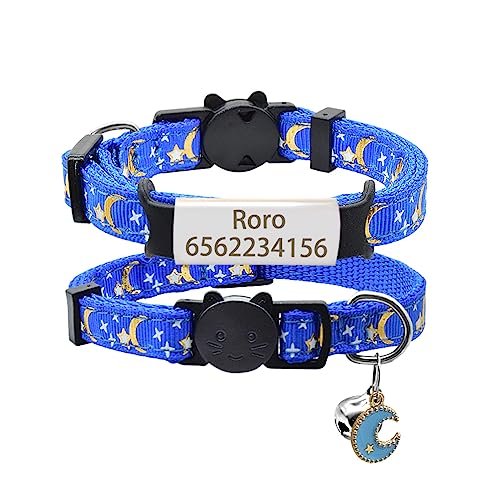 Anti-verlorenes Benutzerdefiniertes Typenschild Katzenhalsband Glocke Personalisiertes ID-Namensschild Sicherheitssterne Mond Katzenhalsband Halskette Haustier Kätzchen Katzenhalsband,Silber Bl von SARUEL