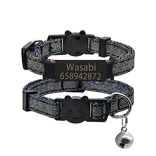 Benutzerdefiniertes Namensschild Katzenhalsband Glocke Personalisiertes ID-Typenschild Katzenhalsband Halskette Sicherheitsverstellbares Anti-Verlust-Haustier-Kätzchen-Katzenhalsband,Schwarz Sc von SARUEL