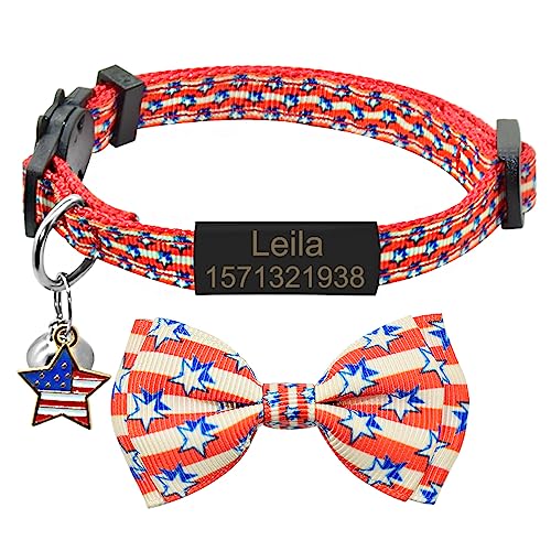 Katzenhalsband Personalisiertes Namensschild Breakaway Bowtie Katzenhalsband Glocke Halskette Benutzerdefinierte Gravierte Namensschild Haustier Katzenhalsband,Schwarz-Rote Flagge 2,S (20cm-28c von SARUEL