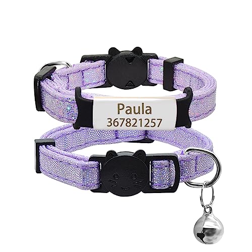 Namensschild Katzenhalsband Glocke Personalisierte Gravierte ID-Namensschild Katzenhalsband Sicherheit Breakaway Haustier Kätzchen Katzenhalsband Halskette,Silber-Lila,S (17c von SARUEL