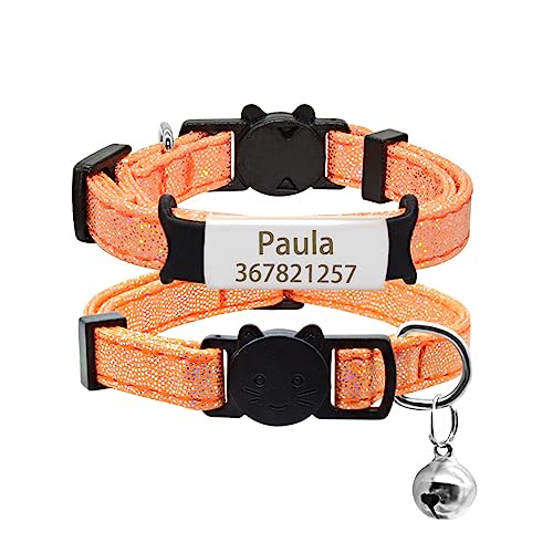 SARUEL Benutzerdefinierte Typenschild Katzenhalsband Glocke Personalisierte Gravierte ID Namensschild Katzenhalsband Haustier Kätzchen Katzenhalsband Halskette,Silber-Orange,S (17cm-28cm) von SARUEL