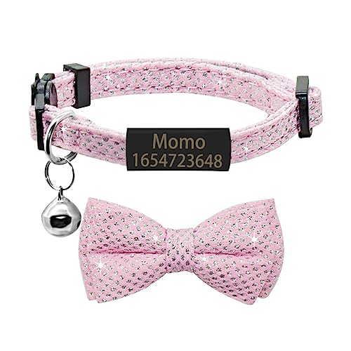 SARUEL Fliege Katzenhalsband Personalisiertes Namensschild Katzenhalsband Glocke Halskette Benutzerdefinierte Gravierte ID Namensschild Niedliche Bowknot Katzenhalsband,Schwarz-Rosa,S (20cm-28cm) von SARUEL