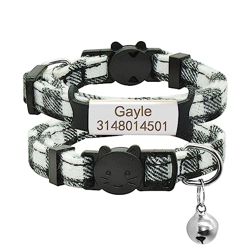 SARUEL Gitter-Katzenhalsband,Personalisiertes Typenschild,Verstellbares,Abbrechbares Katzenhalsband,Glöckchen-Halskette,Individuell Graviertes Namensschild,Sicherheits-Katzenhalsband,Silber Schw von SARUEL