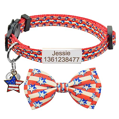 SARUEL Katzenhalsband Personalisiertes Namensschild Breakaway Bowtie Katzenhalsband Glocke Halskette Benutzerdefinierte Gravierte Namensschild Haustier Katzenhalsband,Silberrote Fahne 2,S (20cm-28cm) von SARUEL