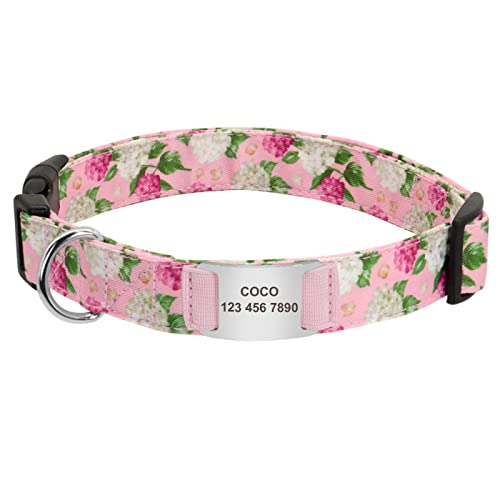 SARUEL Nylon-Hundehalsband Personalisiertes Hundehalsband Mit ID-Tag Blumendruck-Hundehalsbänder Individuell Graviertes Typenschild Heimtierbedarf,Rosa,S von SARUEL