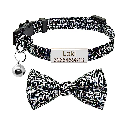 SARUEL Personalisierte Dot Fliege Katzenhalsband Name Custom Cute Bowknot Typenschild Katzenhalsband Glocke Halskette Gravur ID Namensschild Katzenhalsband,Silber Schwarz,S (20cm-28cm) von SARUEL