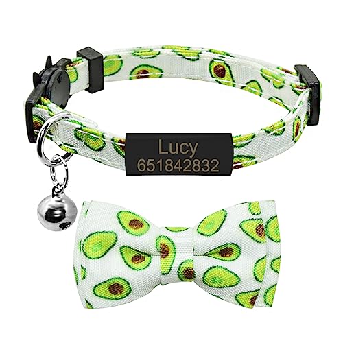 SARUEL Personalisierte Fliege Katzenhalsband Mit Namen Benutzerdefinierte ID Namensschild Süße Frucht Bowknot Katzenhalsband Glocke Gravur Namensschild Katzenhalskette,Schwarze Avocado,S (20cm-28cm) von SARUEL