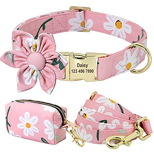 SARUEL Personalisiertes Hundehalsband,Leine,Kotbeutel-Set,Bedrucktes Nylon,Individuelle Hundehalsbänder Mit Blumenmuster Für Kleine,Mittelgroße Hunde,D,L von SARUEL