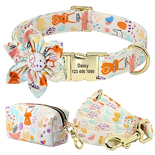 SARUEL Personalisiertes Hundehalsband,Leine,Kotbeutel-Set,Bedrucktes Nylon,Individuelle Hundehalsbänder Mit Blumenmuster Für Kleine,Mittelgroße Hunde,E,M von SARUEL