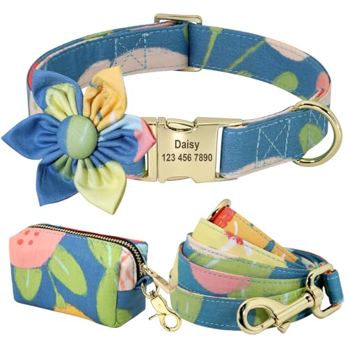 SARUEL Personalisiertes Hundehalsband,Leine,Kotbeutel-Set,Bedrucktes Nylon,Individuelle Hundehalsbänder Mit Blumenmuster Für Kleine,Mittelgroße Hunde,G,M von SARUEL