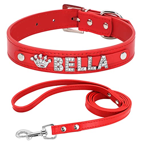 SARUEL Personalisiertes Hundehalsband,Leine,Set,Welpe,Kätzchen,Strasshalsbänder,Halskette,Buchstabe,Charme Für Kleine,Große Hunde,Katzen,Chihuahua,Rot,29-38cm von SARUEL