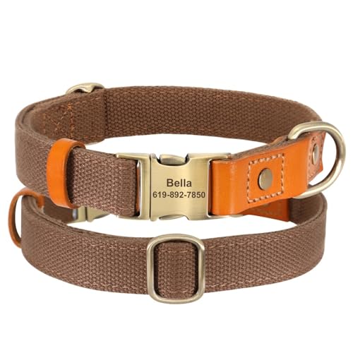 SARUEL Personalisiertes Hundehalsband Aus Nylon,Strapazierfähiges,Individuelles ID-Halsband Mit Gravur,Verstellbar Für Kleine,Mittelgroße Und Große Hunde,braun,L von SARUEL