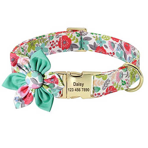 SARUEL Personalisiertes Hundehalsband Custom Pet Tag Halsband Mit Blumen-Welpen-Namensschild-ID-Halsband Für Kleine,Mittelgroße,Große Hunde Mit Gravur,167 Grün,L von SARUEL