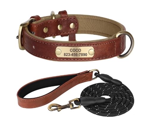 SARUEL Personalisiertes Hundehalsband-Leinen-Set,Leder-ID-Hundehalsbänder,Weiches,Verstellbares Halsband Für Kleine,Mittelgroße Und Große Hunde,braun,M von SARUEL