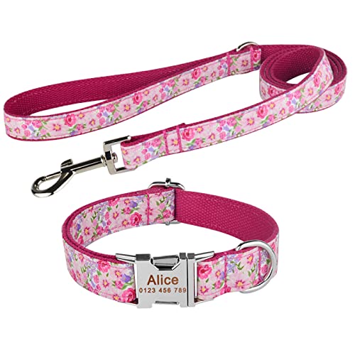 SARUEL Personalisiertes Hundehalsband Mit Eingraviertem ID-Namen Reflektierendes Nylon XS-L Personalisiertes Hundehalsband-Leine-Set ID-Name Telefonnummer-Tag,Rosa,Hundehalsband XS von SARUEL