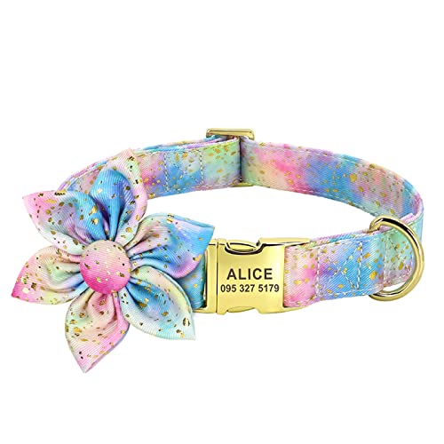 SARUEL Personalisiertes Hundehalsband Mit Graviertem ID-Namensdruck,Nylon-Halsbänder Mit Blumen-Halskette,Verstellbar Für Kleine,Mittelgroße Hunde,Yorkshire,Blaues Halsband,S von SARUEL