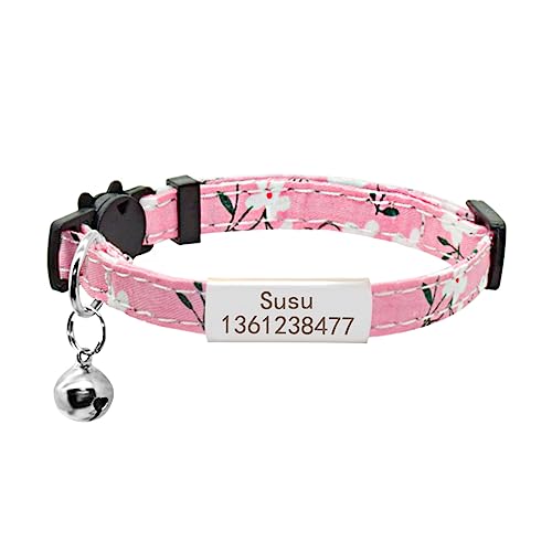 SARUEL Personalisiertes Katzenhalsband Mit ID-Namensschild,Individuell Graviertes Typenschild,Katzenhalsband,Glockenhalskette,Katzenhalsband Für Kätzchen,Silber-Rosa-Blume,S (20cm-28cm) von SARUEL