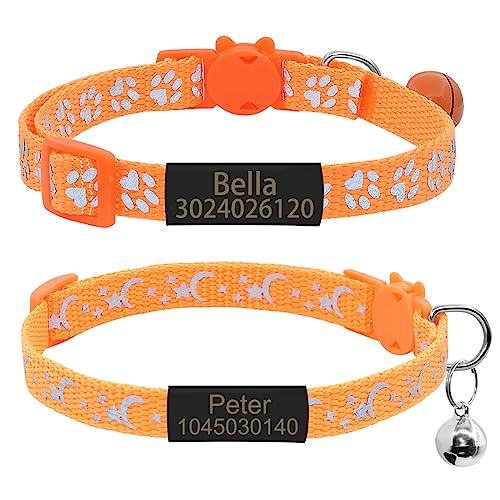 SARUEL Personalisiertes Namensschild Katzenhalsband Custom Safety Breakaway Namensschild Katzenhalsband Sterne Monde Kitty Halsband Glocke,Schwarz-Orange,S (20cm-32cm) von SARUEL