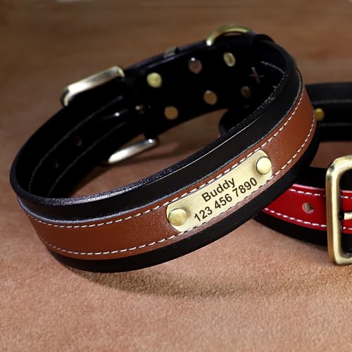 SARUEL Weich Gepolsterte Hundehalsbänder,Personalisiertes Hundehalsband Aus Leder,Anti-Verlust,Individuelles Namensschild-ID-Tag-Halsband Für Mittelgroße Und Große Hunde,Braun,L von SARUEL