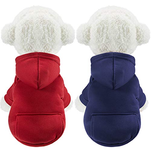 2 Pieces Winter Dog Hoodie Warm Small Dog Sweatshirts with Pocket Cotton Coat for Dogs Clothes Puppy Costume (Dark Blue, Wine Red,XL) von SATINIOR