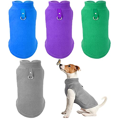 4 Stück Hunde-Fleece-Weste, für kaltes Wetter, Pullover, Hundejacke, Winterkleidung, Haustierpullover, Weste mit Leinenring für kleine Hunde (Grau, Grün, Lila, Blau, L) von SATINIOR