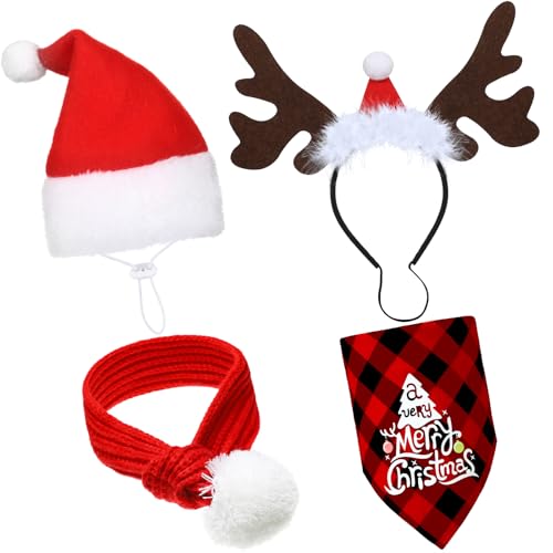 Verstellbare 3D-Weihnachtsmütze für Hunde, Weihnachtsmannmütze, klassisches Büffelkaro, Haustier-Schal, Rentier-Geweih, Stirnband mit Ohren, Haustierkostüm-Zubehör für Hunde und Katzen, lustiger Stil, von SATINIOR