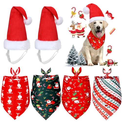 SATINIOR Hund Weihnachten Santa Mütze und Bandana 2 Stück Einstellbare Haustier Hut 4 Dreieck Schal Kopftuch Lätzchen Muster Zubehör für kleine mittlere große Hunde von SATINIOR