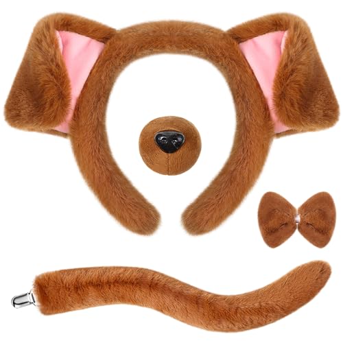 SATINIOR Kostüm Set Tierkostüm Set Ohr Stirnband Künstliche Nase Fliege und Schwanz Kinder Erwachsene Kostümzubehör für Karneval Welttag des Buches Cosplay (Braun, Schöner Hund) von SATINIOR