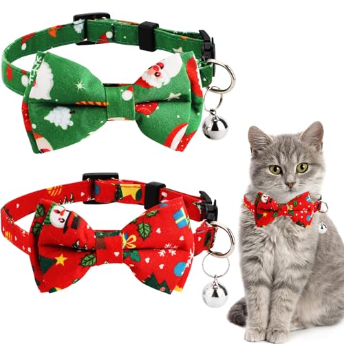 2 Stück Weihnachts Katzenhalsband mit Glöckchen und Fliege, Abnehmbar Verstellbar Katzenhalsband Breakaway Süßes Kätzchenhalsband für Katzen Welpen (Roter Schneemann + Grüner Weihnachtsmann) von SAVITA