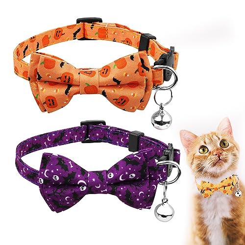 2stk Halloween Katzenhalsband, Verstellbar Katzenhalsband mit Schleife Bedruckter Kürbis Fledermäuse Muster Katzenhalsband Breakaway mit Silberner Glocke Süßes Halsband für Kätzchen Welpen von SAVITA