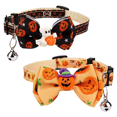 2stk Halloween Katzenhalsband, Verstellbar Katzenhalsband mit Schleife Bedruckter Kürbis Geist Muster Katzenhalsband Breakaway mit Silberner Glocke Süßes Halsband für Kätzchen Welpen von SAVITA