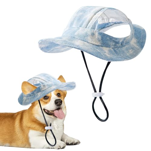 Modisch Hund Baseballmütze, Sonnenschutz Hundemütze für Hund, Verstellbare Baseballmütze für Haustiere, Hunde-Sonnenhut mit Ohrlöcher, Hund Baseballmütze für Kleine Hunde, Welpen, Katzen (L-Blau) von SAVOSWEET